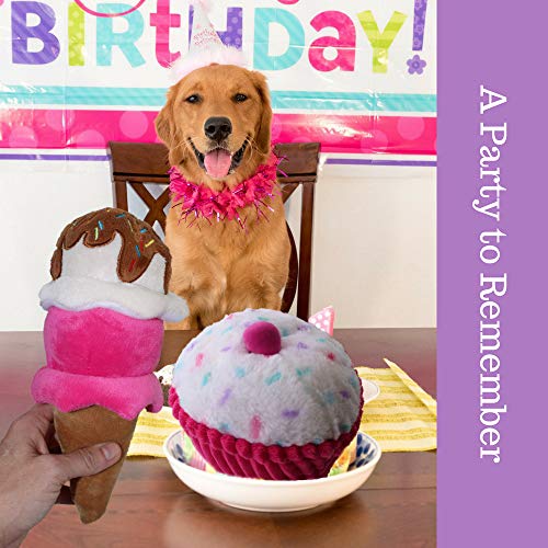 Dog Birthday Chew Toy Bundle - Dog Birthday Toy Set Includes 6" Cupcake Dog Chew Toy and 9.5" Ice Cream Cone Squeaker Toy | Plush Dog Birthday Treats 2 Chew Toys Set