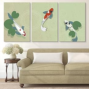 3 Panel Canvas Wall Art - Hand Drawn Colorful Goldfish in The Pond - Giclee Print Gallery Wrap Modern Home Art Ready to Hang - 16"x24" x 3 Panels