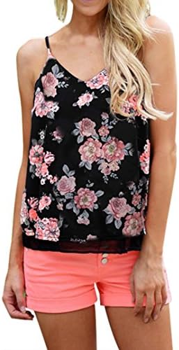 Malltop Womens Summer Floral Tank Tops Sleeveless V-Neck Flower Printed Vest Blouse (XL, Black)