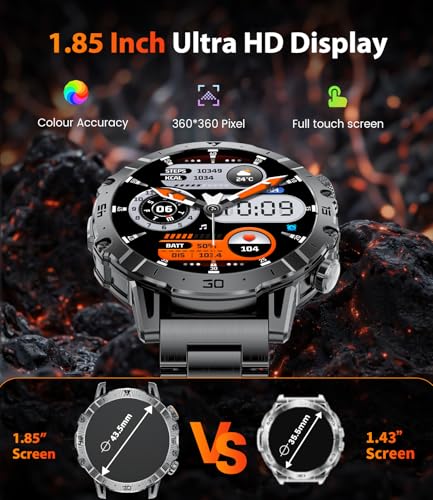 HIRREO EF18 Military Smart Watch for Men, 1000 mAh Large Battery, 1.85″ HD Smartwatch with LED Flashlight/Sleep/100+ Sports, IP68 Waterproof Smart Watches for Android iOS (3 Straps), Black
