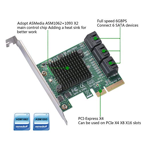 Ziyituod 6 Port SATA Card, PCIe SATA III Controller Card to 6GB/s Internal Adapter Converter | PCI Express SATA 3.0 Expansion Card, Support 6 SATA 3.0 Devices for Desktop PC/Server/NAS - Thumbnail 2