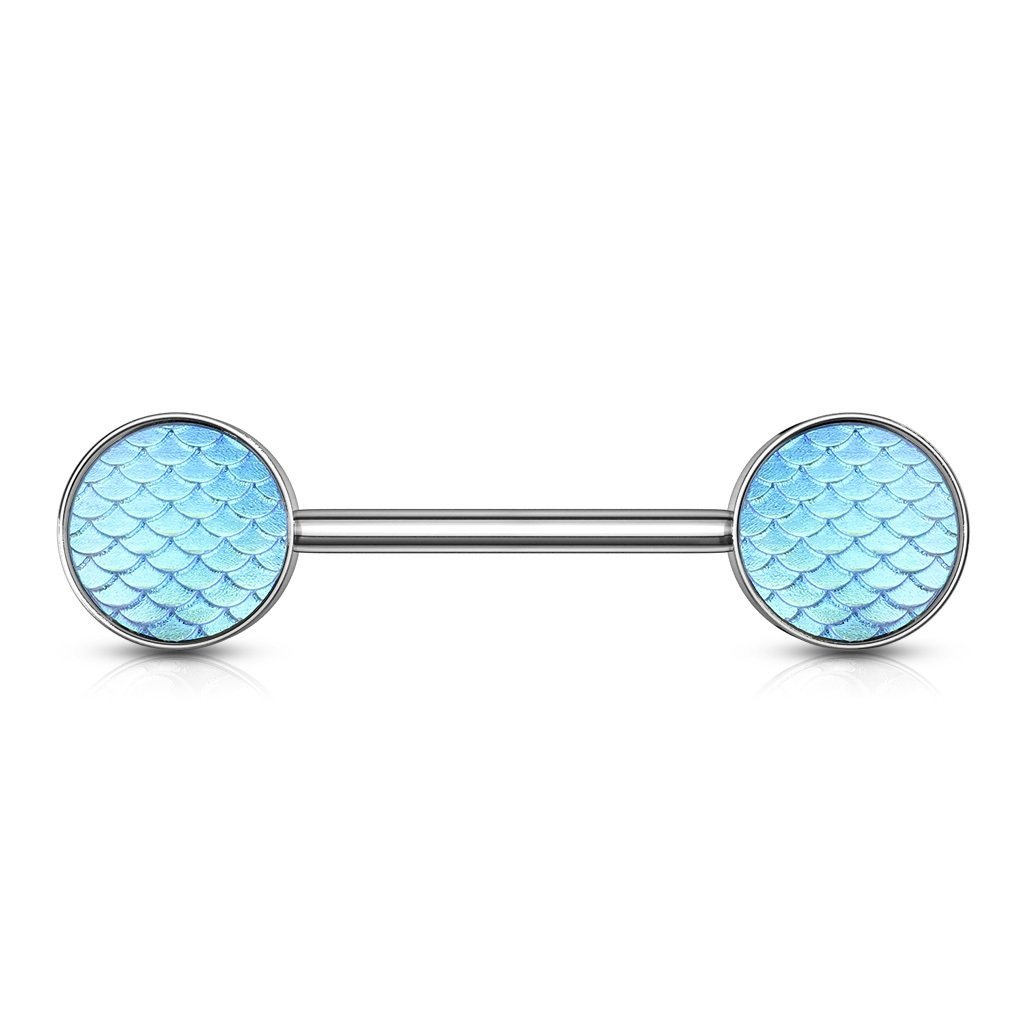PiercedOff 316L Surgical Steel 1.6mm Nipple Bar with Aqua Holographic Dragon Scales - Bar Length 14mm