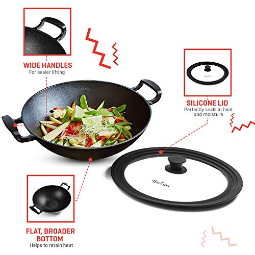 Uno Casa Cast Iron Wok Pan - Flat Bottom Wok with Silicone Lid - 12.5 Inch, 5.2 Q