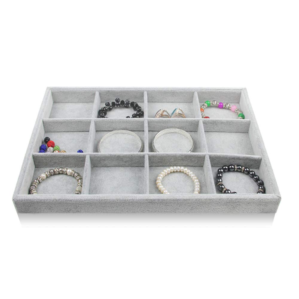 Bocar Jewellery Display Showcase Organiser Holder Grey Velvet 12 Compartment Tray for Necklace Bracelet Ring Earring Gift for Women(GP-12G)