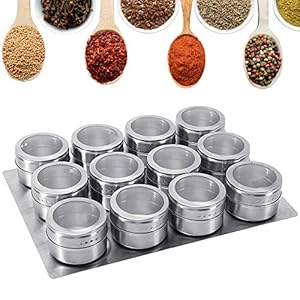 GoMaihe Magnetische Roestvrijstalen Kruidenpotjes 12 Stuks Set, Ronde kruidenpotjes Kruiden Shakers, Kruidencontainer…