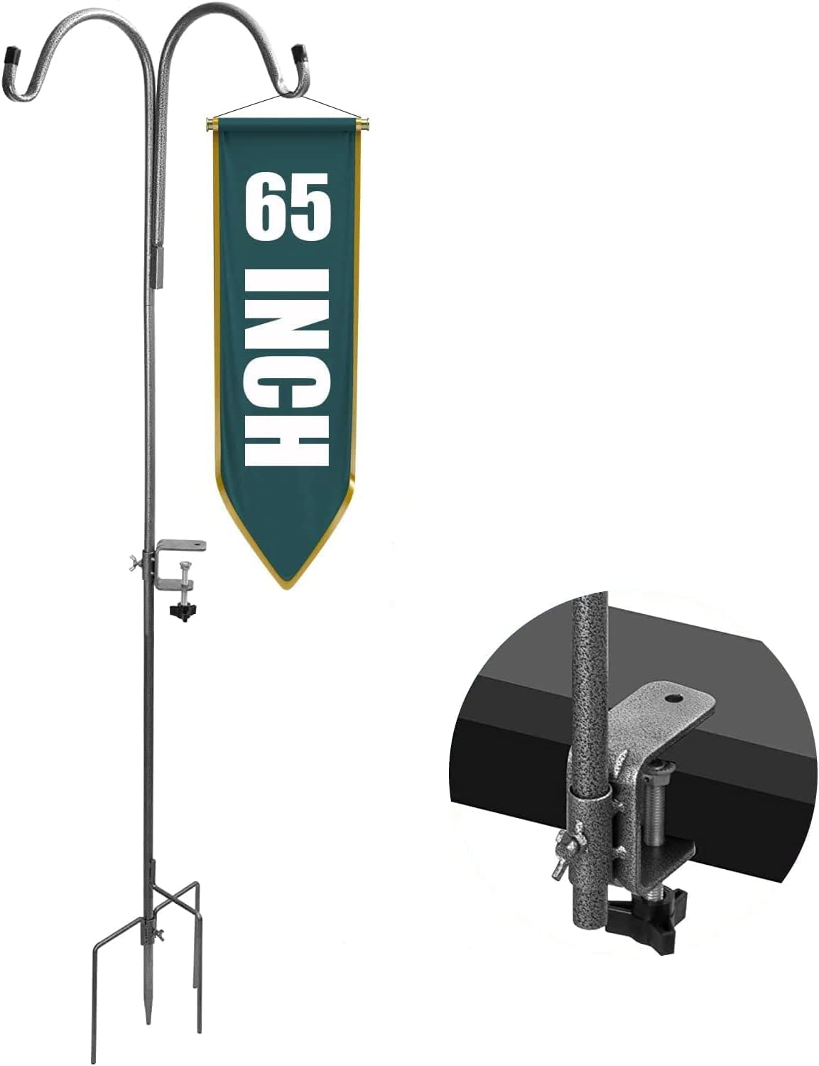 Outdoor Shepherd's Hooks - BOWEITI 65'' Shepherds Hooks, Adjustable 2-Sided Bird Feeder Pole w/4 Base Prongs, Garden Pole for Bird Feeder, Plant Baskets, Decor, Garden Plant Hanger Stands (Silvery, 1PCS 13hook)