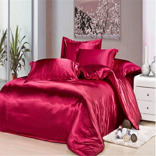Newrara Home Textile,silk Satin Bedding Set,red Solid Color Duvet