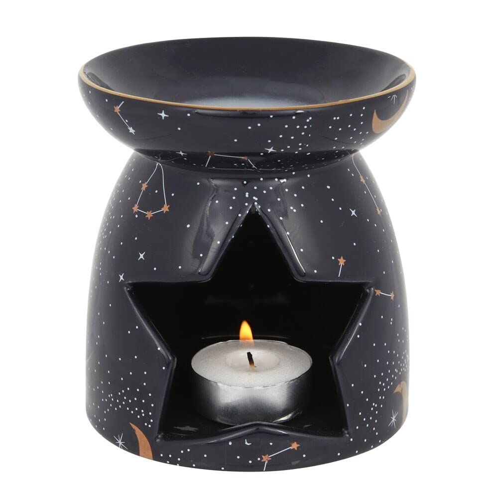 Dark Purple Constellation Oil Burner - 11cm x 10.7cm (1 Pc.) - Stunning Design with Gold Moon Accents, Magical Ambience with Star Cut-Out Shape for Tealight, Perfect for Wax Melts and Fragrance Oil