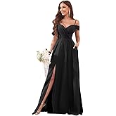 HXJOYEAR Off The Shoulder Bridesmaid Dresses for Women with Pockets Slit Long Chiffon Formal Evening Dresses