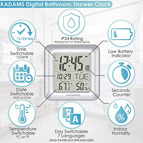 KADAMS Bathroom Digital Clock with Large LCD Screen Shower Wall Clock