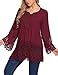 SoTeer V Neck Lace Crochet Top Bell Sleeve Blouse Tops Lace Loose Peplum Blouse,Red XXL
