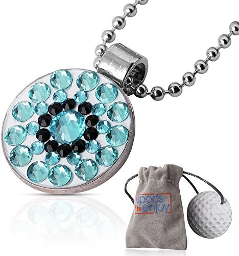 Golf Ball Marker Necklace For Women - BONUS: velvet pouch for safekeeping - Always Have Your Marker easily available - Beautiful Bling Crystals Design -With Super Strong Magnet -Perfect Gift (Aqua)