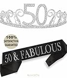 50th Birthday Tiara and Sash, Happy 50th Birthday Party Supplies, 50 & Fabulous Black Glitter Satin Sash and Crystal Tiara Birthday Crown for 50th Birthday Party Supplies and Decorations