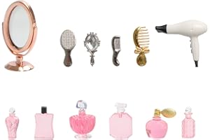 HIAWBON 1/12 Scale Miniature Bathroom Accessories Kit Mini Plastic Hair Dryer Brush Comb Mirror Perfume Bottles Set for Mini House Bedroom Decoration,Set A