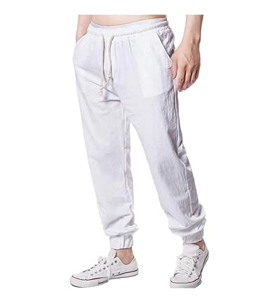 KPILP Sommermänner Solides Leinen Draußen Jogginghose Elastisch Weich Knöchellänge Beiläufig Lose Hosen