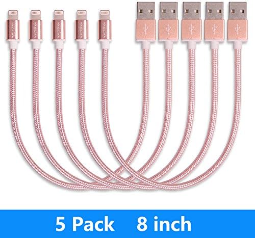 5Pack 8 inches Short Nylon Braided Cord Lightning Cable Certified to USB Charging Charger for iPhone 7,7 Plus,6S,6,SE,5S,5,iPad,iPod Nano 7 (Rose gold)