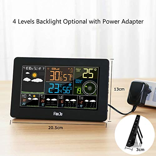 FanJu Color Wi-Fi Weather Station with APP Control/Smart Weather Monitor Clock with USB Charger Port/Indoor Outdoor Temperature and Humidity/Wind Speed/Digital Clock with Outdoor Sensor