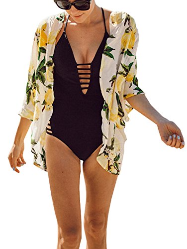 Yonala Womens Lemon Print Summer Beach Wear Bikini Cover up Swimwear Swimsuit Cardigan (One Size, Yellow)