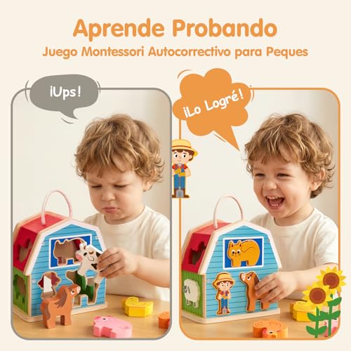 hahaland Montessori Toys 1 Year Old, 4 in 1 Farm Toy with 7 Animals & Barn, Wooden Stacking and Sorting Game, Gift for Kids Ages 1-3