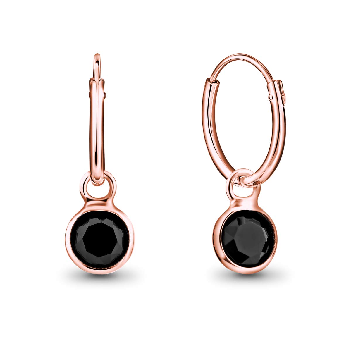 DTPsilver® 925 Sterling Silver Rose Gold Plated SMALL Hoops Earrings - Dangling 5 mm Round Glittering Crystals from Swarovski® Elements - Diameter 12 mm - Colour: Black — image 1