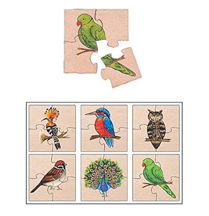 RK Cart Birds Simple Puzzles for Kids, 4 Piece Wooden Jigsaw Fun Learning Toys, Set of 6