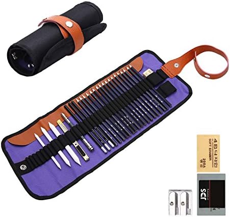 Refoc Drawing and Sketching Pencils Set 18 Pieces with Carrying Case, also contains Charcoal Pencils Pencil Extender Craft Knife Kneaded 4B Eraser Plastic Rubber, Perfect for Beginners