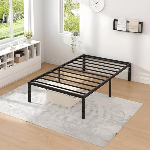 OSLIFE Base Cama Individual，18 Pulgadas de Altura ，Espacio de Almacenamiento Debajo de la Cama, con Agujeros en el Cabecero，Hierro Metálico Camas，Fácil de Montar, con Gran Capacidad de Carga