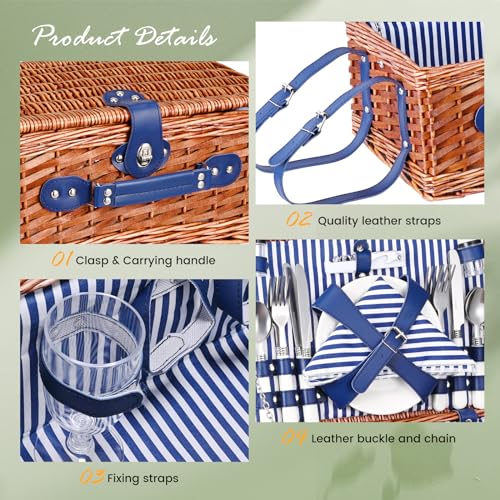 4 Person Picnic Basket, Wicker Picnic Set with Waterproof Picnic Blanket and Cutlery Set, Picnic Basket for Camping, Blue