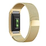 UMTELE For Fitbit Charge 2 Band, Milanese Loop Stainless Steel Metal Bracelet Strap with Unique Magnet Lock, No Buckle Needed for Fitbit Charge 2 HR Fitness Tracker Gold Large
