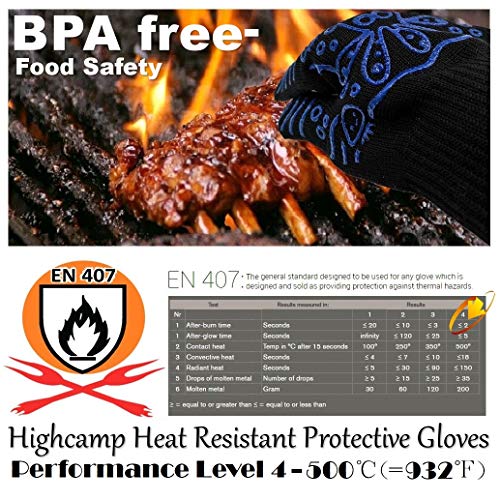 HIGHCAMP Heat Resistant Grill BBQ Gloves Oven Mitts - Hot Grilling Cooking Baking Frying Smoking Gloves with Toaster Bags - Perfect As Kitchen Household Camping Red