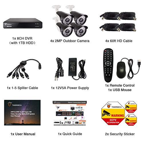 TIGERSECU Super HD 1080P H.265+ 8-Channel Security Camera System, DVR/NVR Recorder with 1TB Hard Drive and 4-1080P Weatherproof Security Cameras, Supports Analog and ONVIF IP Cameras
