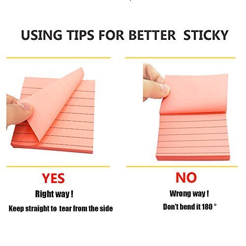 Sticky Notes with Lines 3 inch X 3 inch Assorted Bright Color Lined Self-Stick Notes,100Sheet/Pad 6 Pads/Pack Easy Post Individual Package