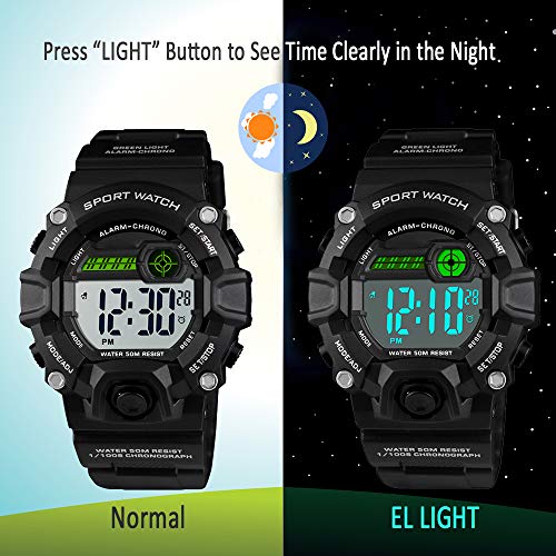 Venhoo Digital Kids Watches Outdoor Sport Waterproof Electronic LED Alarm Stopwatch Luminous Wrist Watch for Kids Boys Girls-Black - Thumbnail 3