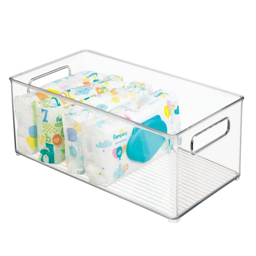 Photo 1 of mDesign Plastic Deep Bin Organizer Caddy Container w/ Handles for Nursery, Kitchen, Pantry, Bathroom, Cabinet Storage Organization - Holds Snacks, Bottles, Baby Food Jar, Diaper - 14" Long -Clear