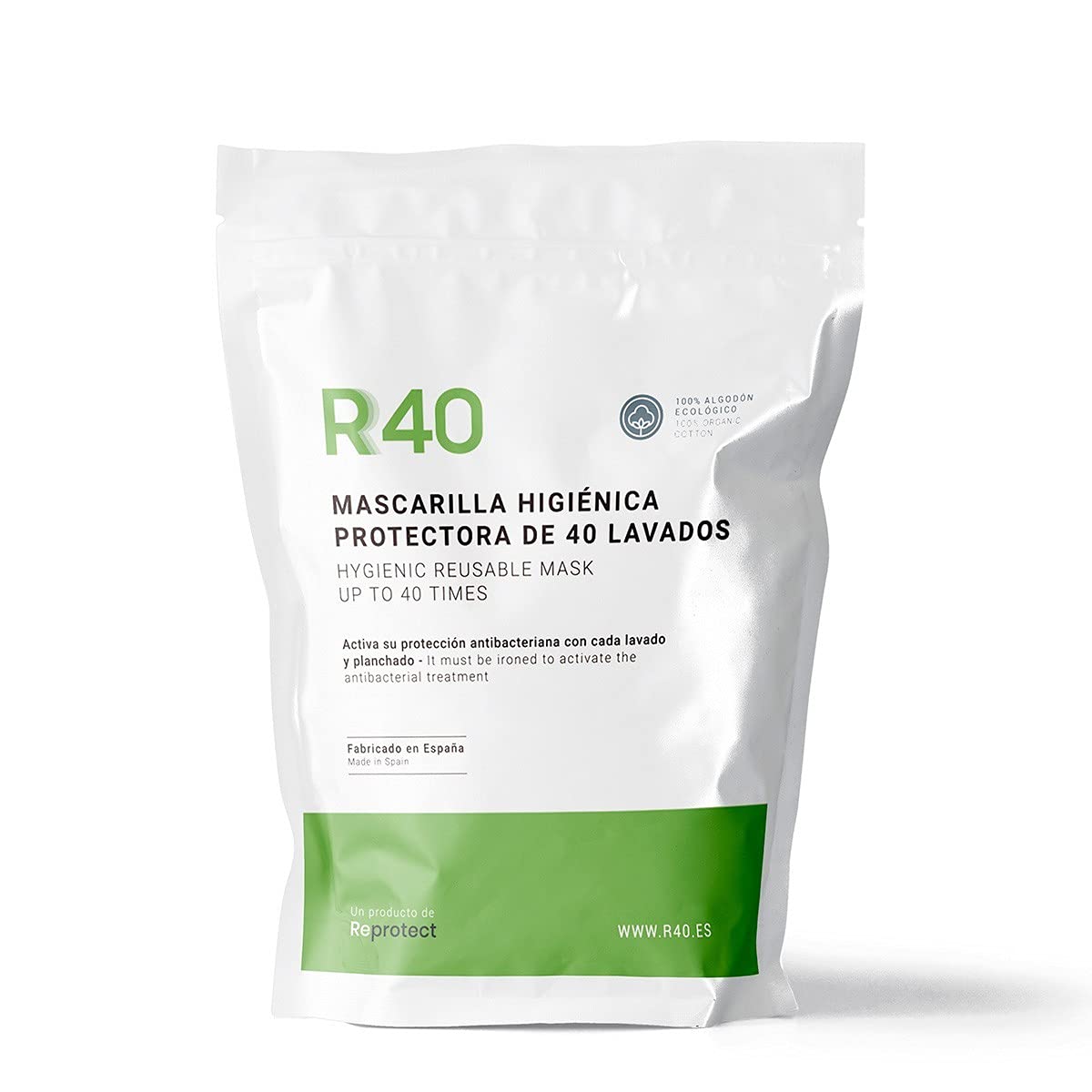 Reprotect R40 Reusable Hygienic Mask, White, Made with Organic Cotton, Adult Size, Pack of 1