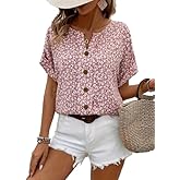 Chicyoo Womens Summer Tops Floral Art V Neck Ladies Button Down Casual Cute Blouse Wildflowers Graphic Short Sleeve Shirt