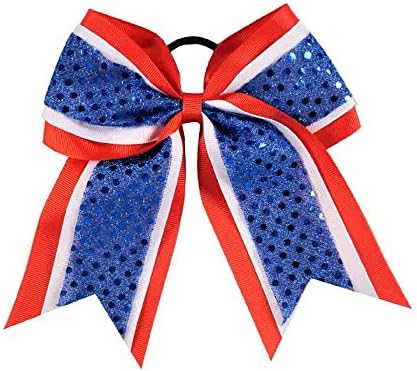 Girls Sequin Premium Grosgrain Ribbon USA Cheer Hair Bow July 4th (Red/White/Blue)