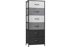 Crestlive Products Vertical Dresser Storage Tower - Sturdy Steel Frame, Wood Top, Easy Pull Fabric Bins, Wood Handles - Organizer Unit for Bedroom, Hallway, Entryway, Closets - 6 Drawers (Black&Gray)