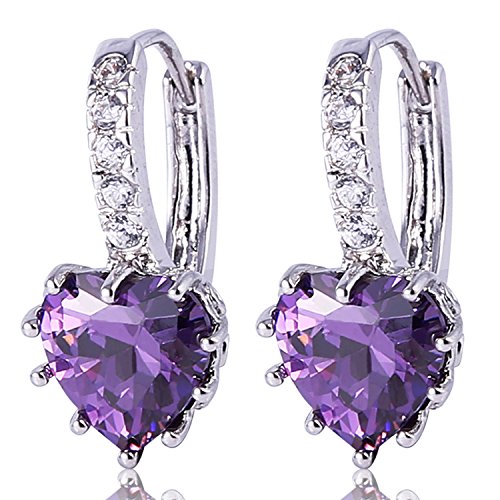 GULICX Heart shape White Gold Tone Amethyst Color Purple leverback hoop earrings