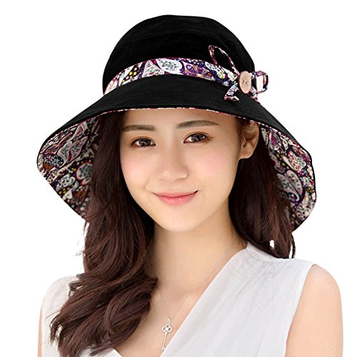 Womens Sun Hat Hindawi Summer Reversible UPF Beach Hat Foldable Wide Brim Cap (Black)