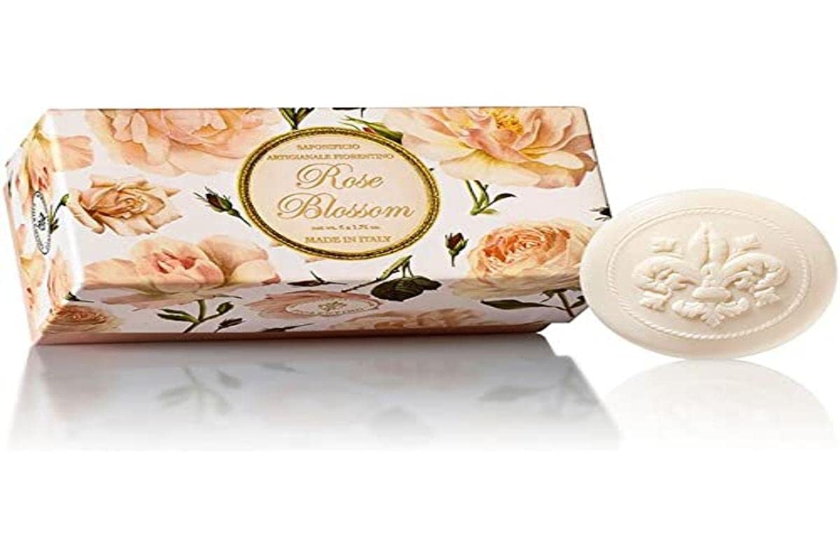 Italian Rose Soap, box of 6 bars of round guest soaps carved with Florentine lily, 6 x 50 g