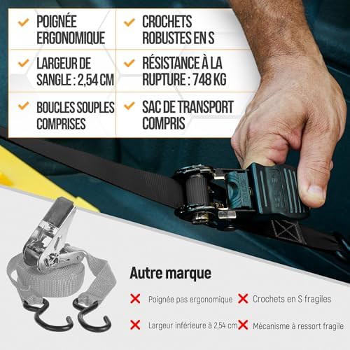 Sangles d'Arrimage, Résistance 748 kg, 4 Sangles de Remorquage de 4,5 m, 4 Boucles Souples, Sangles Arrimage Moto, Anse Caoutchouc, Crochets Métal Enduit, Sac de Transport (Noir)