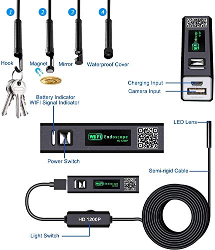 WiFi Endoskop, Kabelloses Inspektionskamera WiFi Endoskopkamera 1200P HD wasserdichte 10M Halbsteife Kabel Boreskope… – Bild 6