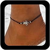 Erimberate Bohemian Sea Turtle Anklet Bracelet Black Woven Rope Ankle Bracelet Silver Metal Turtle Chain Anklet Adjustable Wax Cord Anklets Summer Beach Foot Chain Jewelry for Women