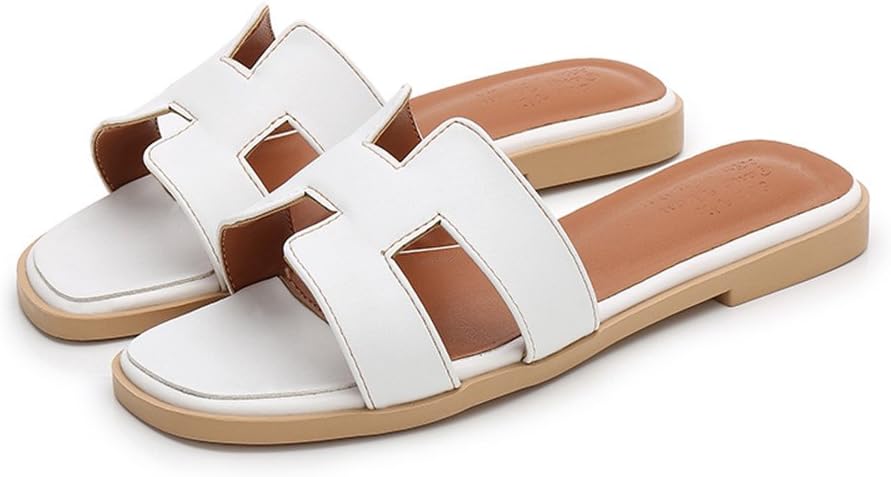 MEIREN H-Classic Leather Slippers at The end of European and American Women's Shoes, White, US8.5/EU39/UK6.5/CN40