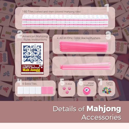 Kyerlish American Mahjong Tile Set with Printed Carrying Bag, 166 Premium Pink Tiles, 4 All-in-One Racks/Pushers and Accessories, Mahjong Set, Complete Mahjong Game Set for Travel,Gifts（Pink Flower）