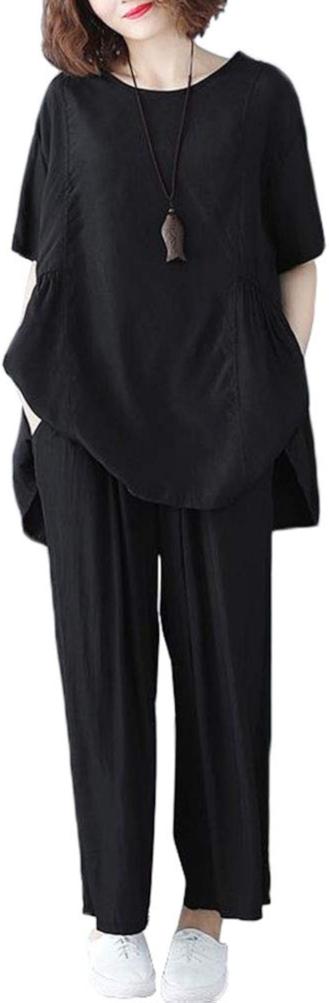 えみり レディース Tシャツ ワイドパンツ 3点セット セットアップ 夏服 大人 チュニック ゆったり シンプル 着痩せ 体型カバー カジュアル ブラック アンサンブル 通販 Amazon