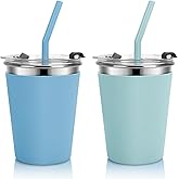 Kids Cups with Straws and Lids Leak Proof, 2 Pack 10oz Sippy Cups With Straws Spill Proof Cup for Toddlers, Stainless Steel Kids Cup with Lids for Hot & Cold Drinks for School Outdoor(Blue & Green)