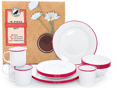 Enamelware 16 Piece Dinnerware Starter Set - Solid White with Red Trim