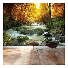 Golden Leaves and Forest Waterfall Serene - Landscape - Wall Mural, Removable Sticker, Home Decor - 66x96 inches